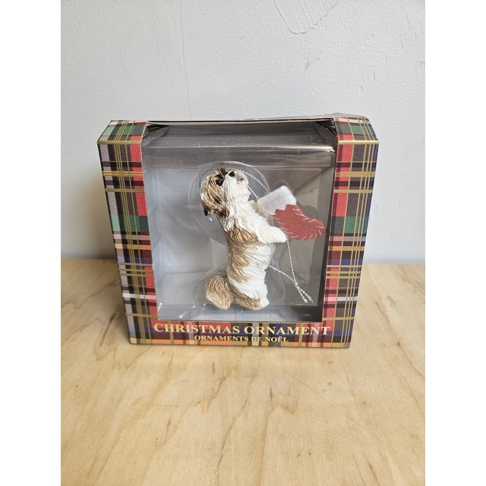 Sandicast Gold White Shih Tzu Holding Stocking Christmas Ornament